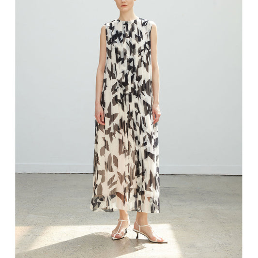 Elegant Piano Pleat Printed Sleeveless Dress | Tajstylo