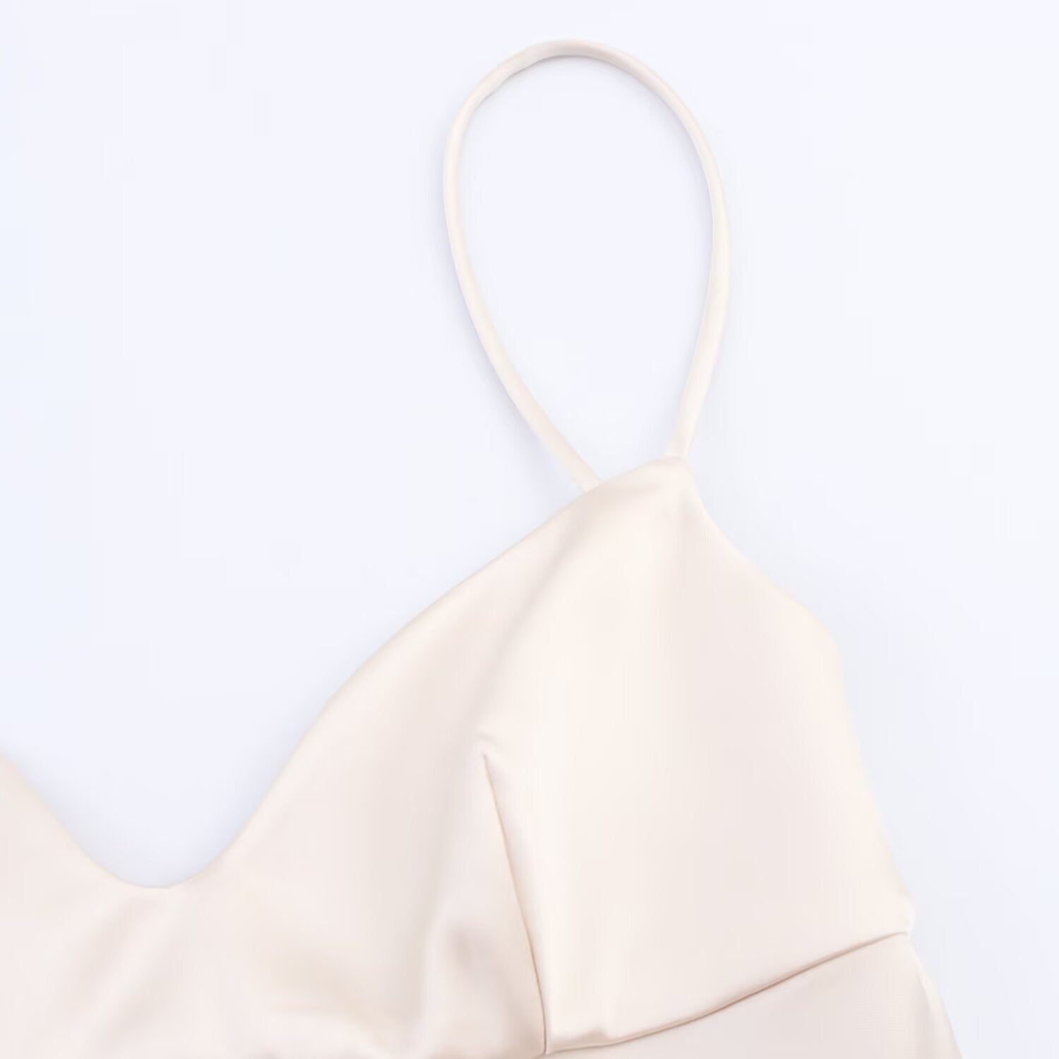 Woman wearing Champagne One Shoulder Lace Satin Camisole Dress in a stylish setting