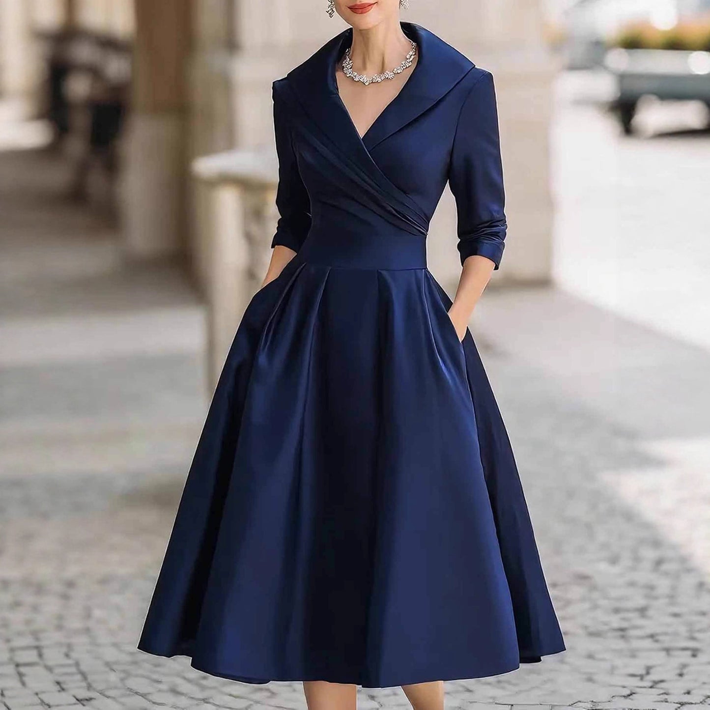 Woman wearing Satin Belted Long Sleeve Midi Dress in a garden setting