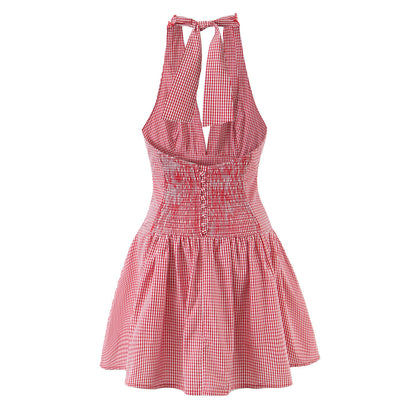 Red Plaid Halter Neck Sleeveless Short Dress | Tajstylo