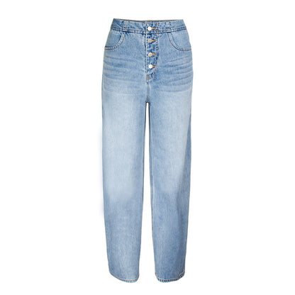 Woman wearing High Waist Wide Leg Jeans in a casual outdoor setting