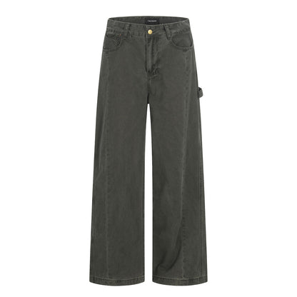 Woman wearing Distressed Black Denim Straight Leg Pants in an urban setting