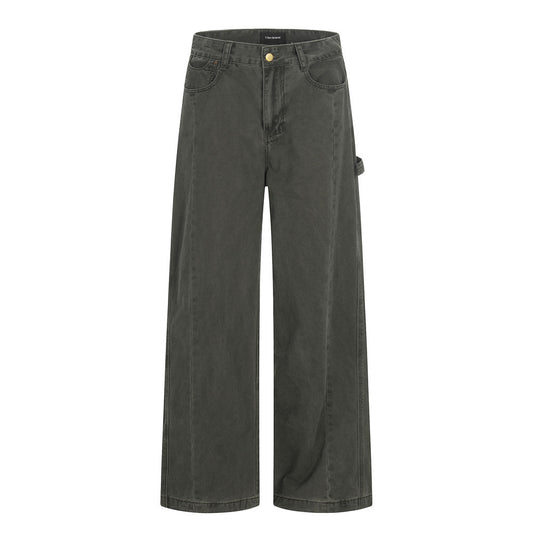 Woman wearing Distressed Black Denim Straight Leg Pants in an urban setting