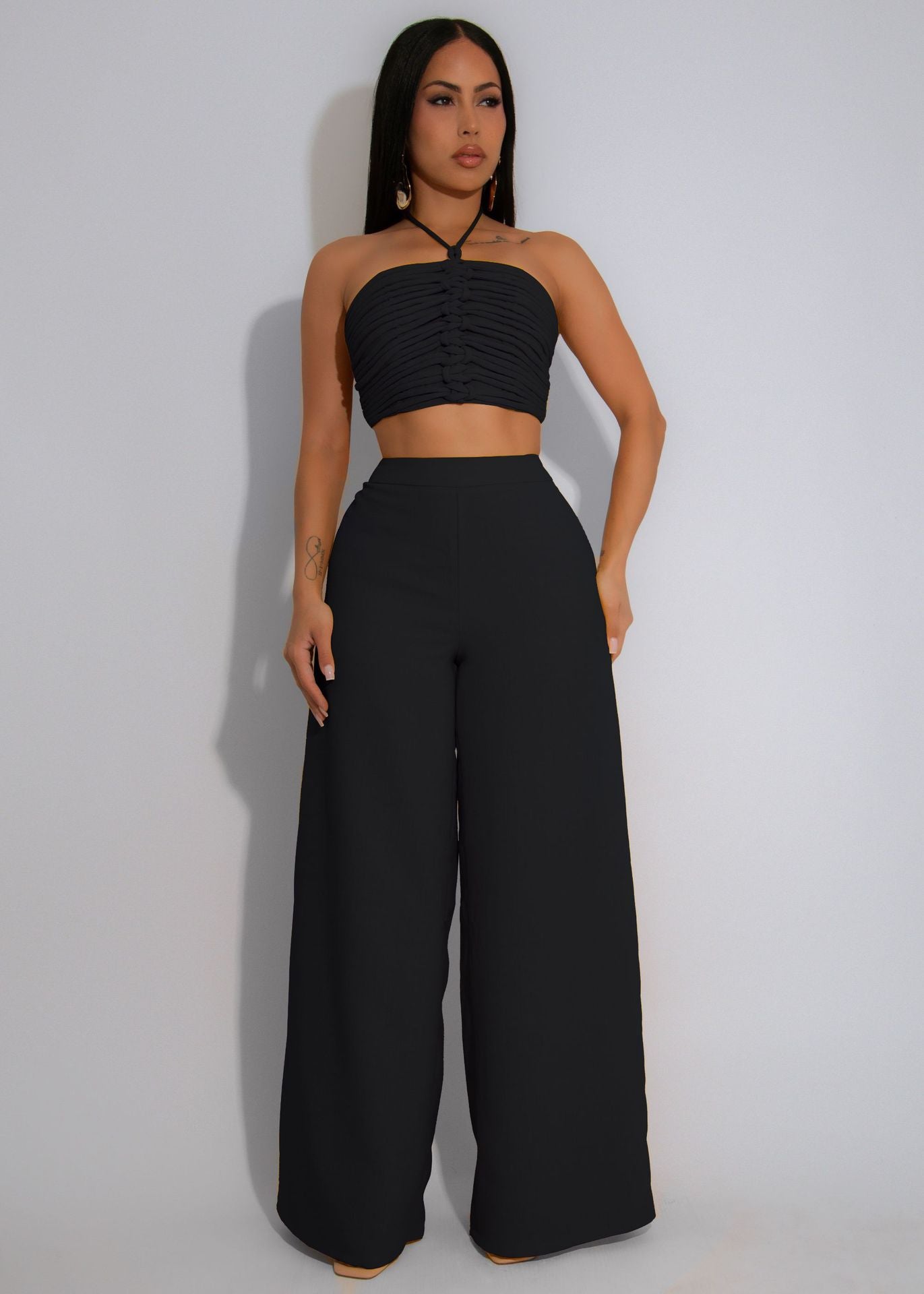 Drawstring Tie-Up Top and High Waist Loose Long Pants Set | Tajstylo