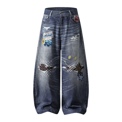Woman wearing Embroidered Denim Wide Leg Straight Pants in a casual setting