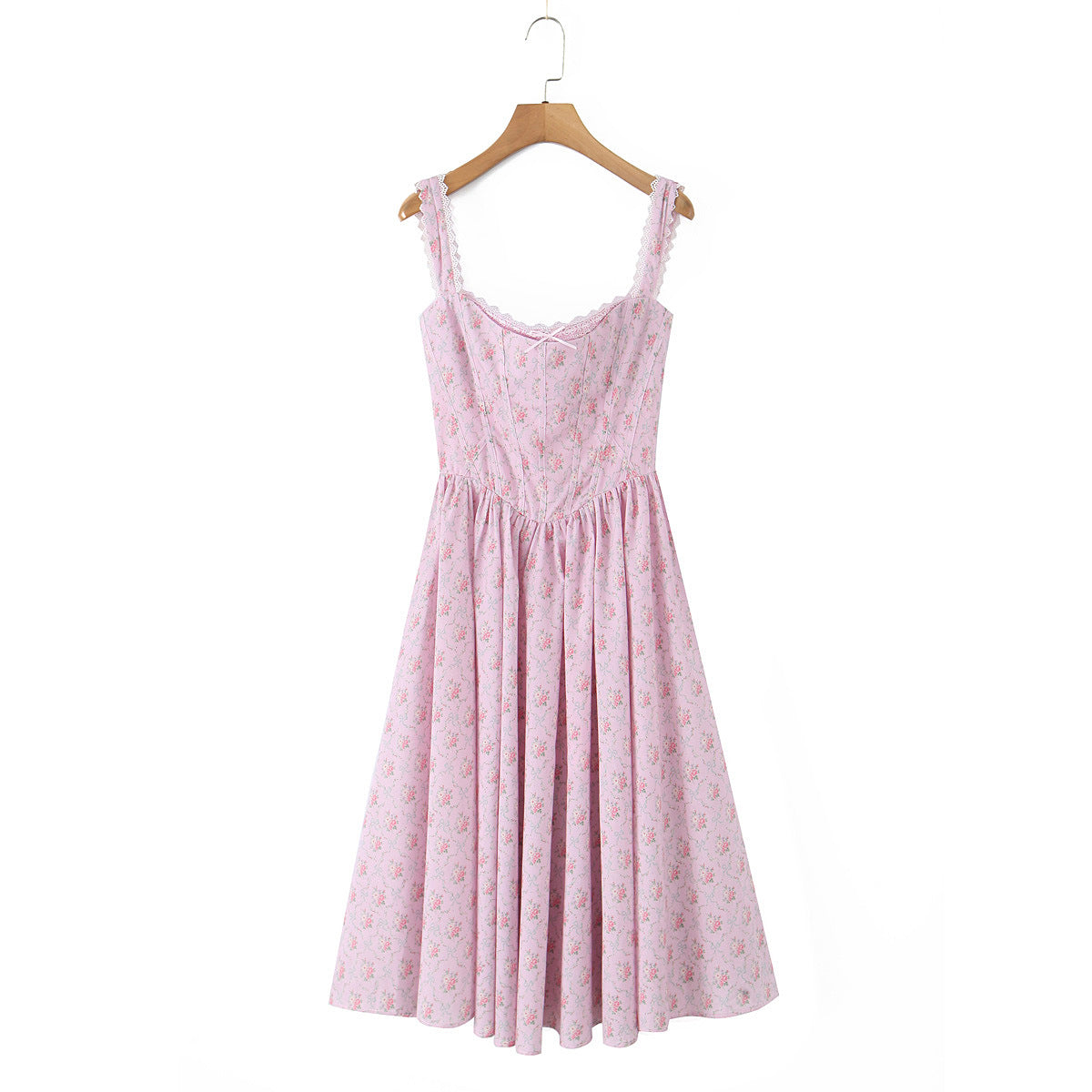 Lace Trimmed Printed Waist-Cinched Midi Dress | Tajstylo