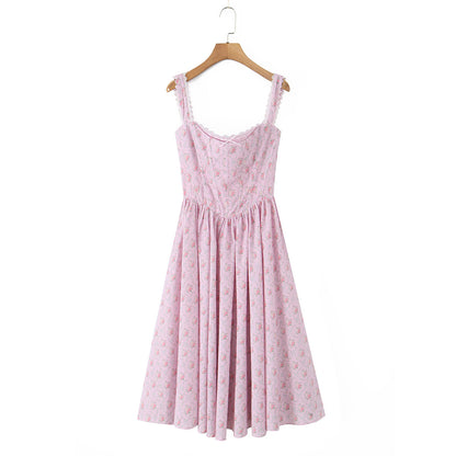 Lace Trimmed Printed Waist-Cinched Midi Dress | Tajstylo