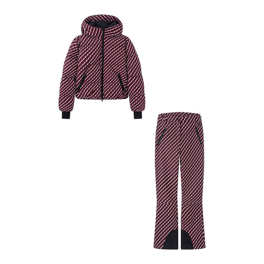 Woman wearing Technical Down Cotton Coat and Ski Tech Flared Pants in a snowy landscape