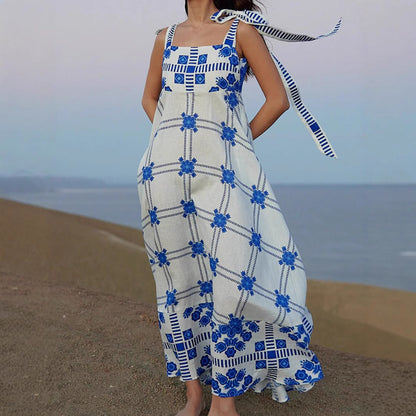 Woman wearing Lace Splice Strap Midi Dress in a sunny outdoor setting