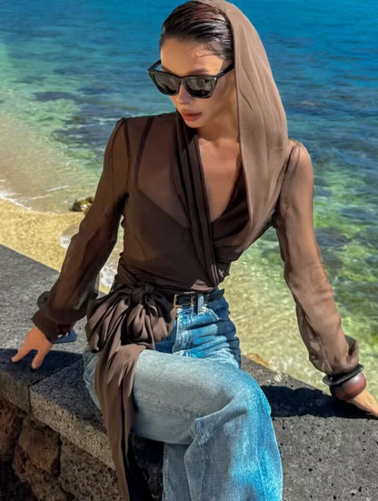 Solid Sheer Mesh Slimming Hooded Shirt | Tajstylo