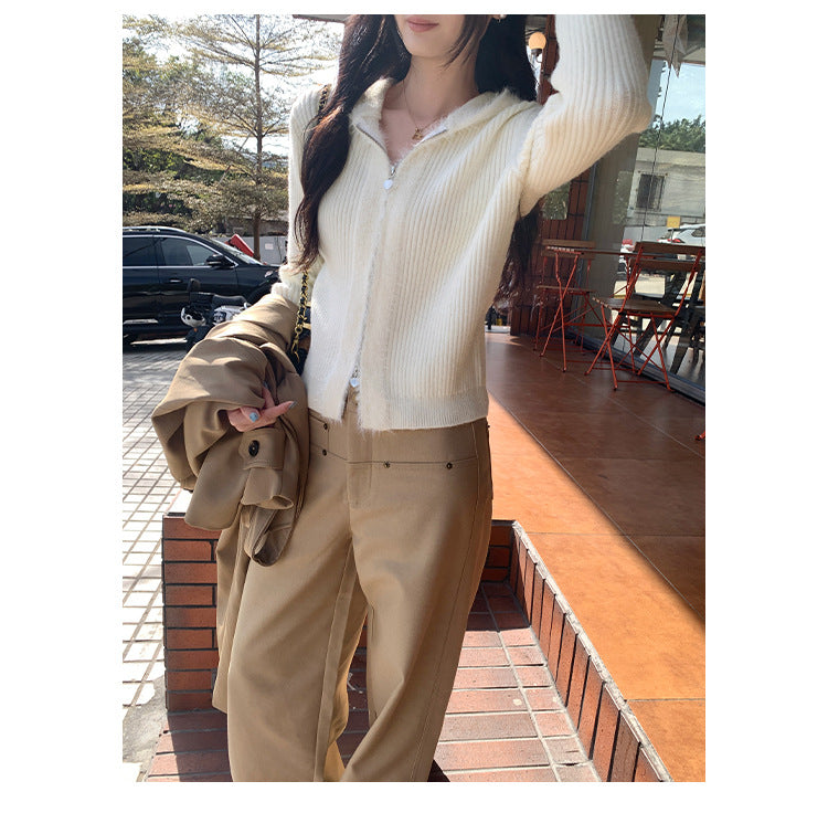 Hooded Knit Cardigan with Fur Collar | Tajstylo