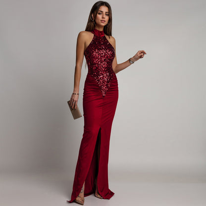 Woman wearing Fitted Sequin Velvet Split Dress in an elegant setting