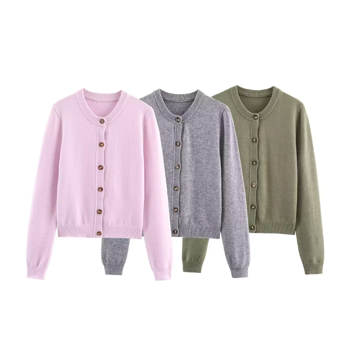 Woman wearing Round Neck Long Sleeved Knitted Cardigan Jacket in a stylish setting