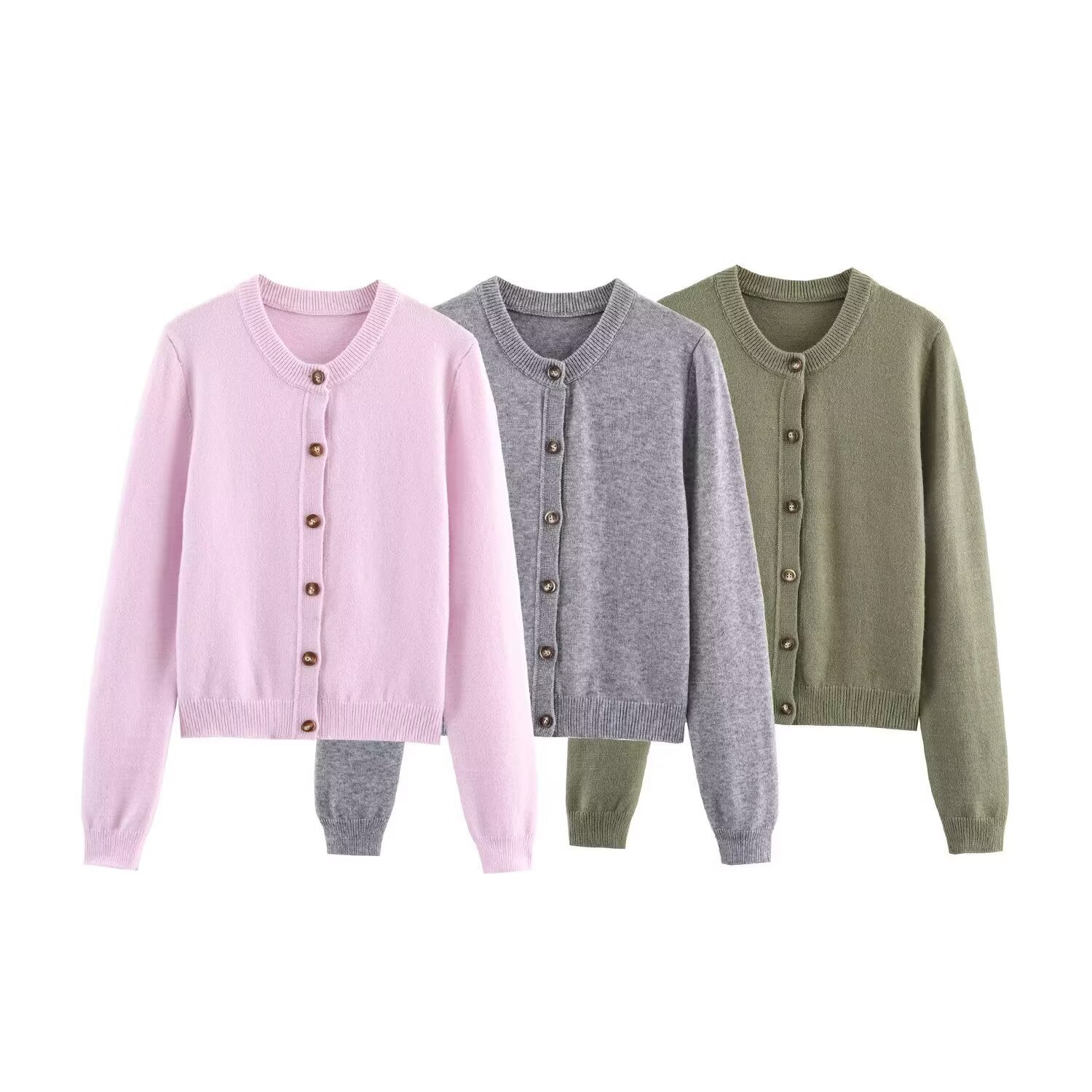 Woman wearing Round Neck Long Sleeved Knitted Cardigan Jacket in a stylish setting