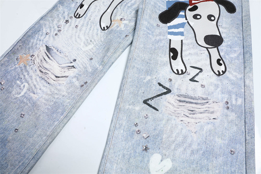 Fun Dog Cartoon Printed Denim Pants | Tajstylo