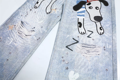Fun Dog Cartoon Printed Denim Pants | Tajstylo