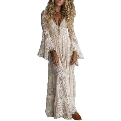 Woman wearing Apricot Lace Spliced High Waisted Casual Dress in a garden setting