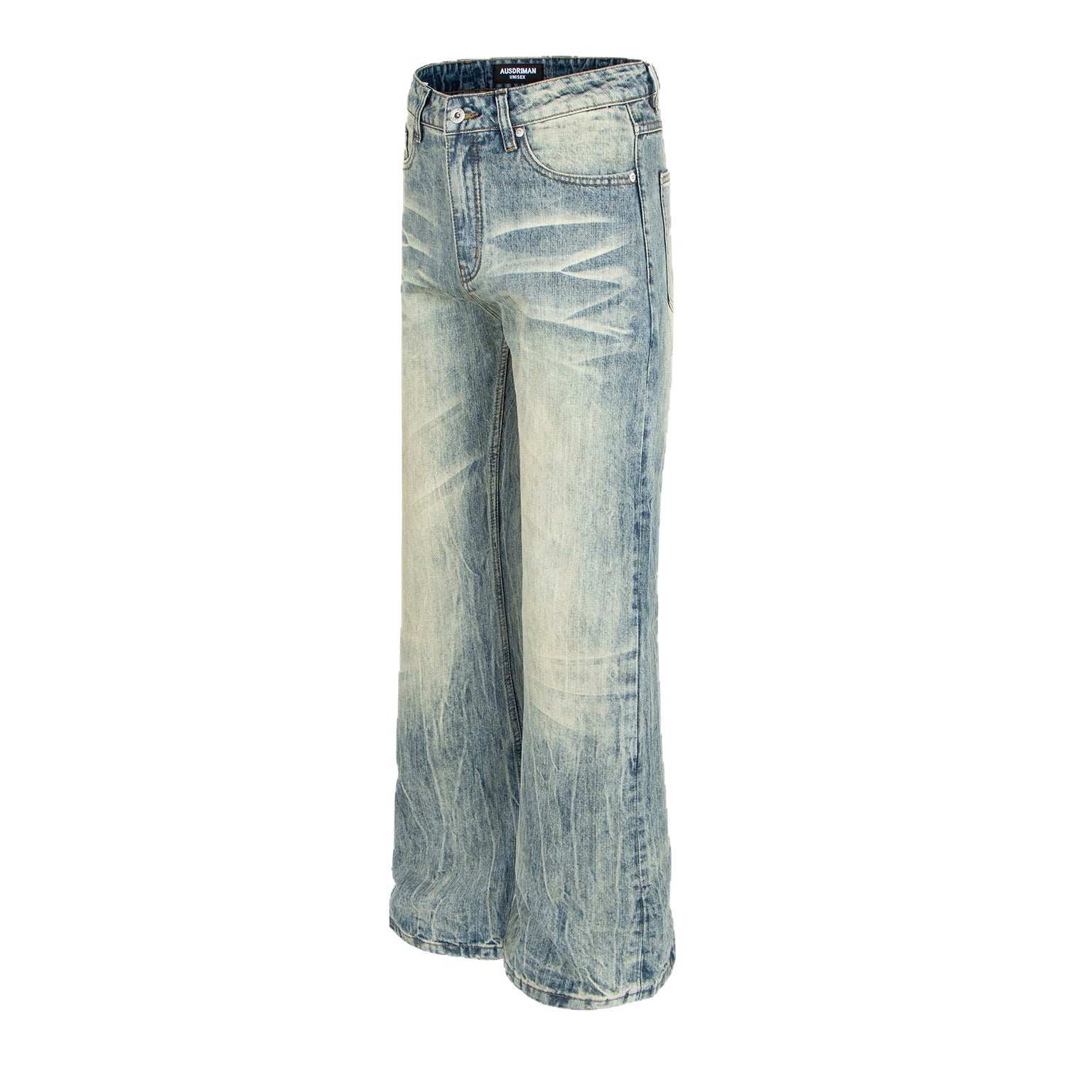 Woman wearing Washed Vintage Catwhisker Denim Pants in urban setting