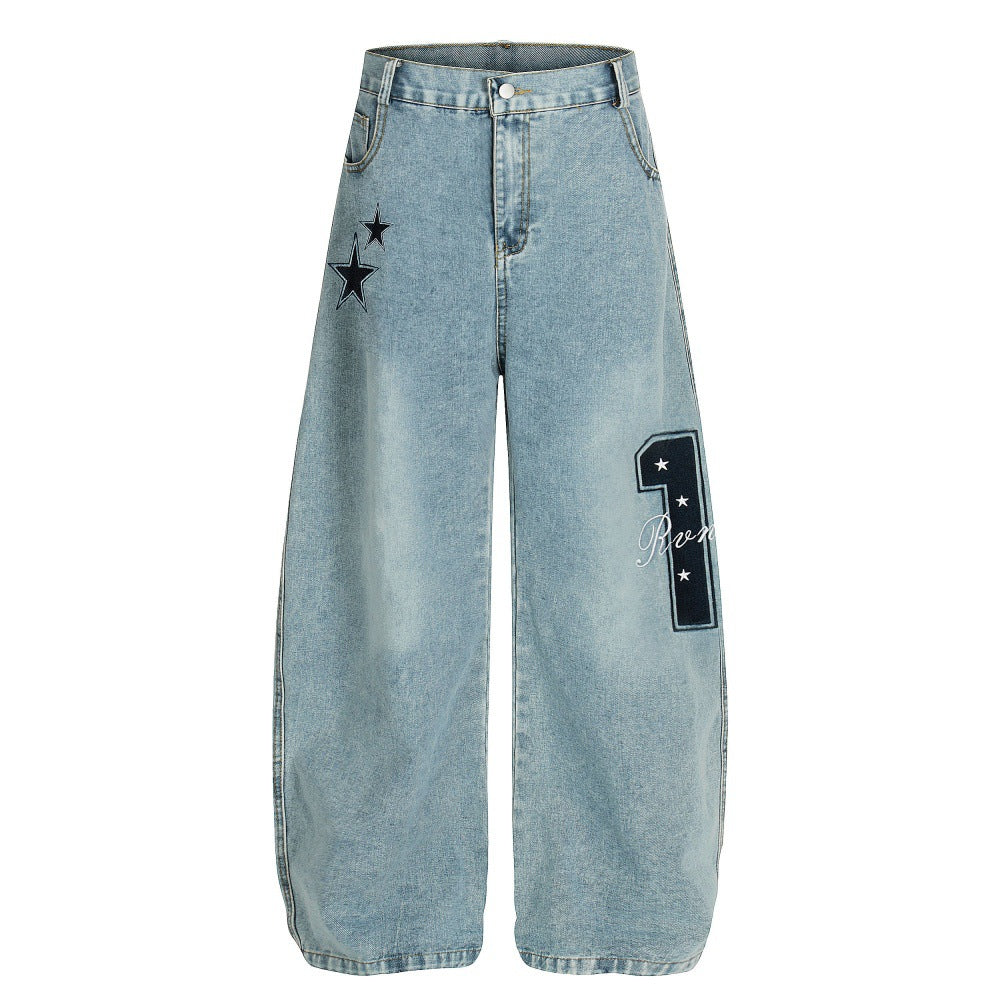 Five Pointed Star Embroidered Denim Cargo Pants | Tajstylo