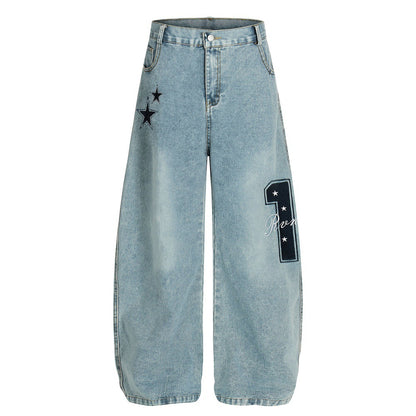 Five Pointed Star Embroidered Denim Cargo Pants | Tajstylo
