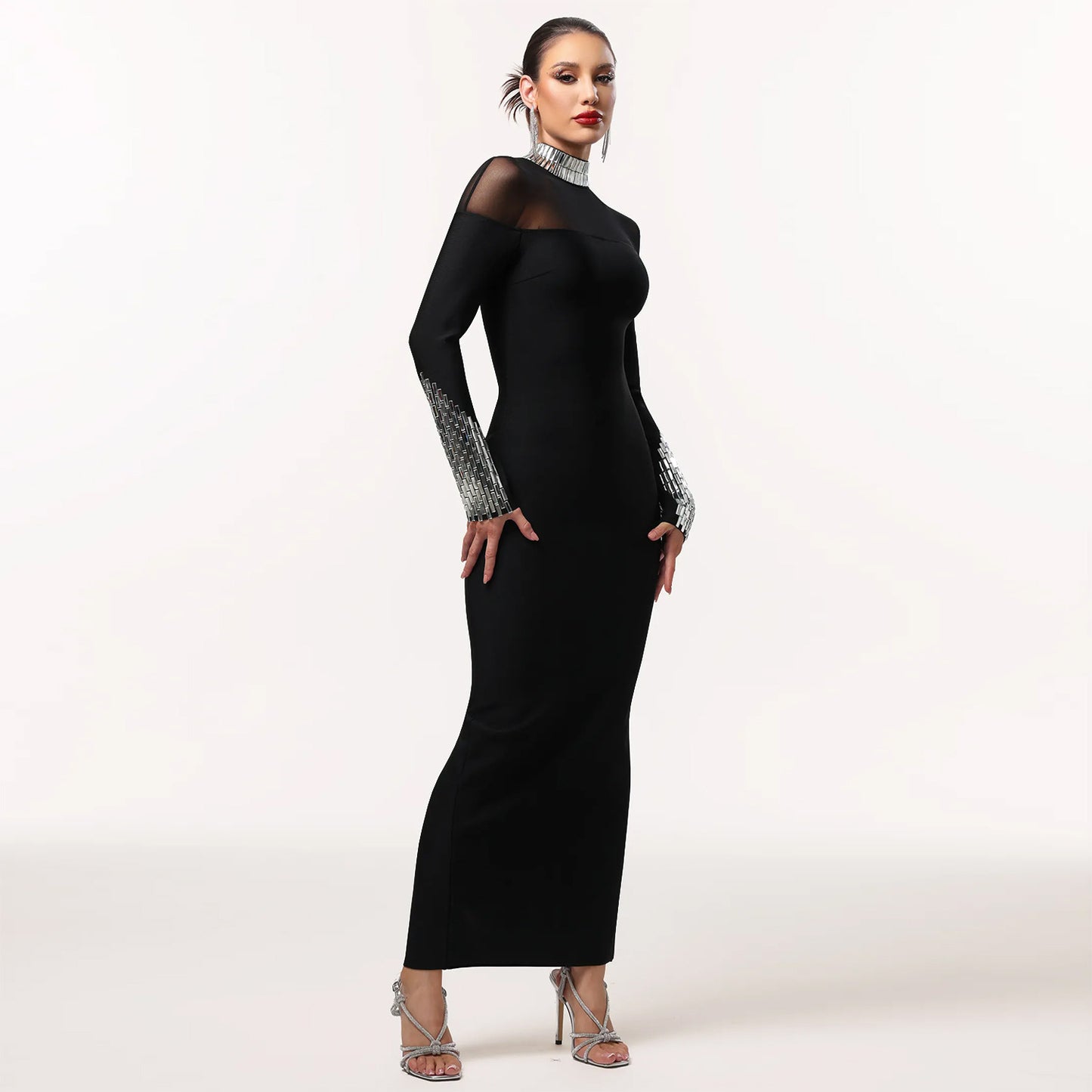 Woman wearing Elegant High Neck Long Sleeve Fitted Dress in a chic setting