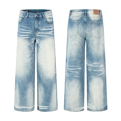 Woman wearing Vintage Distressed Straight Leg Denim Pants in a casual outdoor setting