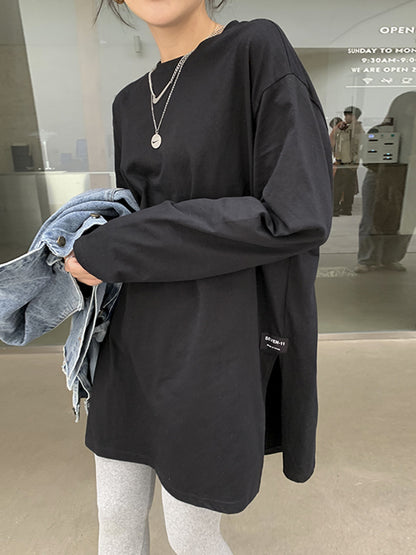 Solid Color Side Slit Long Sleeve T-Shirt | Tajstylo
