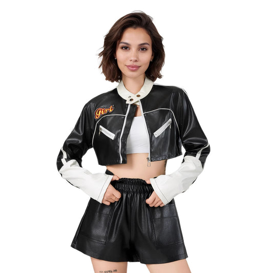 Woman wearing Color Block Leather Jacket in an urban setting