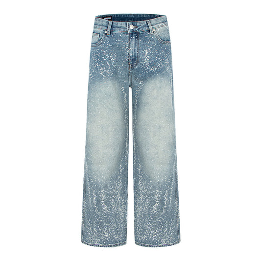 Woman wearing Starry Sky Painted Design Denim Pants in a casual outdoor setting