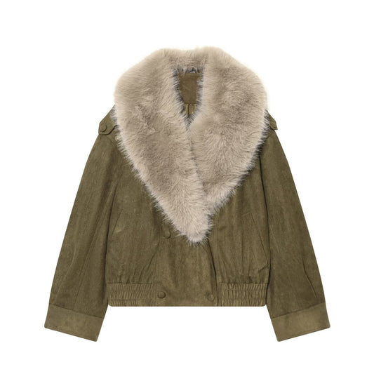 Woman wearing Artificial Fur Suede Texture Jacket in a cozy outdoor setting