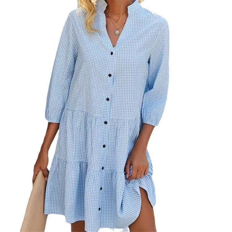 Woman wearing Chic Plaid Stand Collar Dress in a city setting