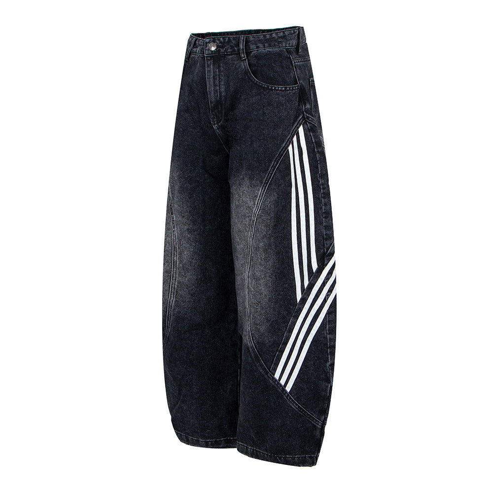 Retro Street Washed Three-Stripe Deconstructed Wide-Leg Jea | Tajstylo