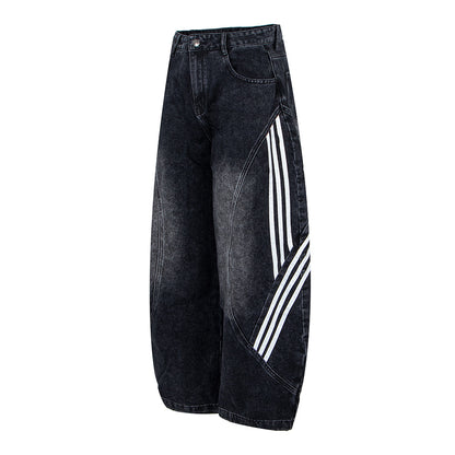 Retro Street Washed Three-Stripe Deconstructed Wide-Leg Jea | Tajstylo