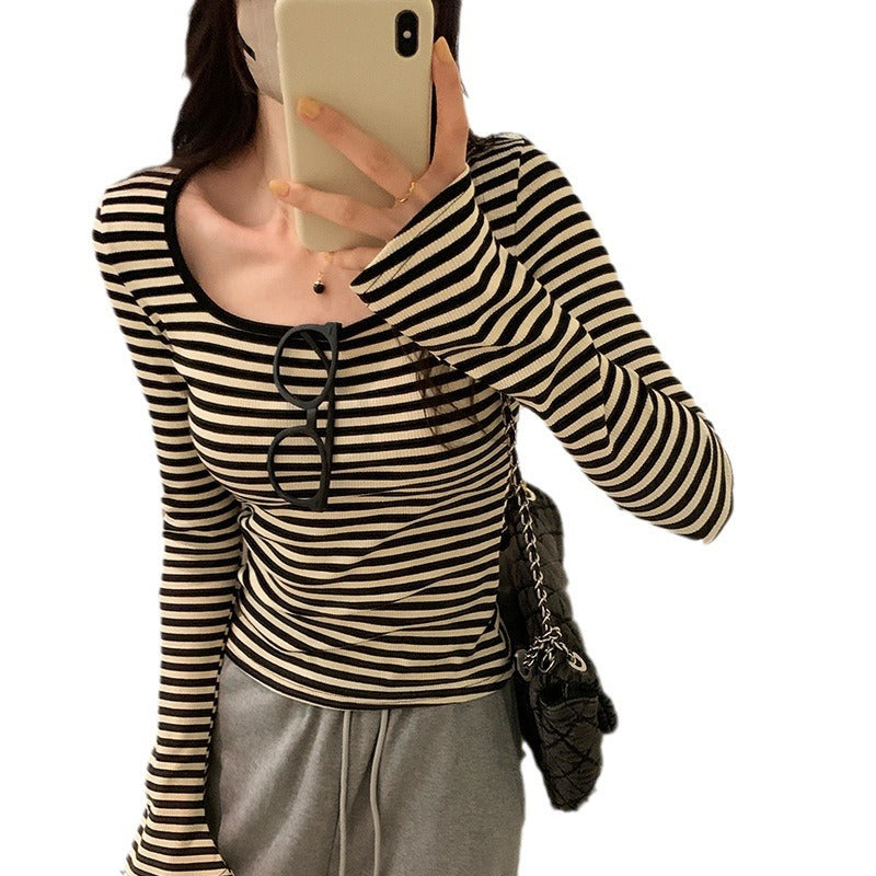Woman wearing Square Neck Stripe Slim Fit Long Sleeve Top in a casual setting