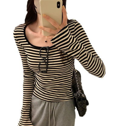 Woman wearing Square Neck Stripe Slim Fit Long Sleeve Top in a casual setting