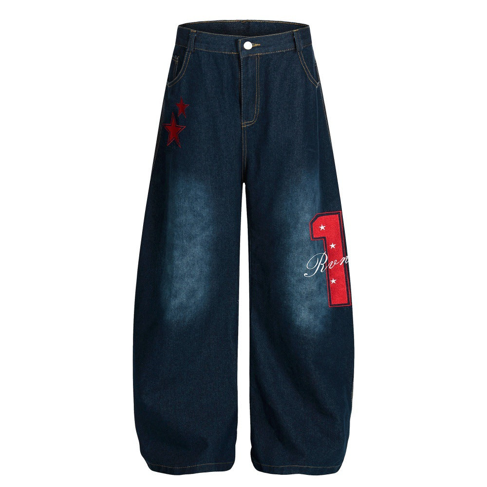 Five Pointed Star Embroidered Denim Cargo Pants | Tajstylo