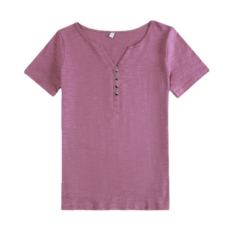 Woman wearing Loose Plus Size V-Neck Short Sleeve Casual T-Shirt in a casual setting