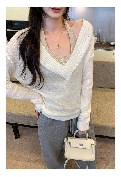 Faux Two-Piece Wool V-Neck Knit Sweater | Tajstylo
