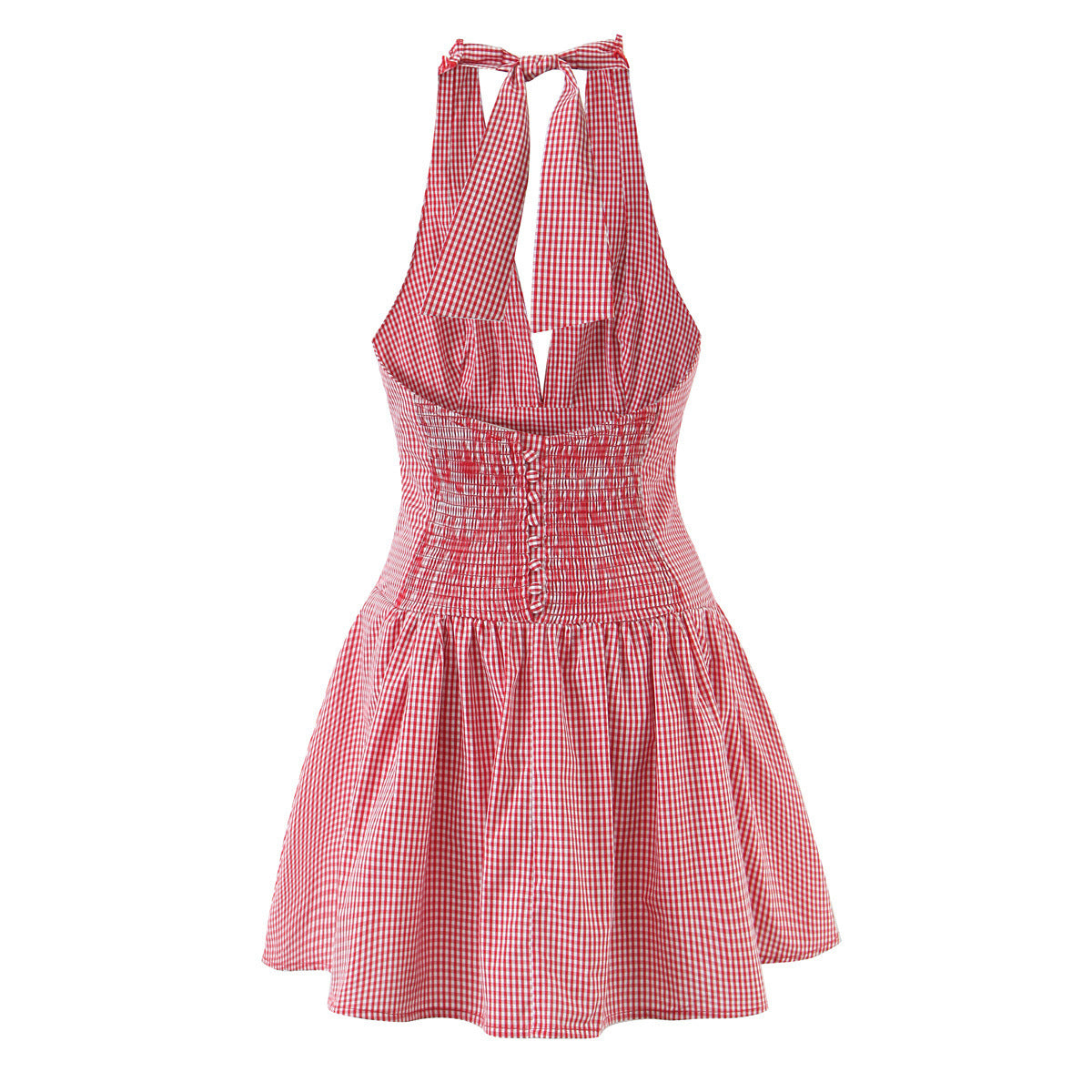 Woman wearing Red Plaid Halter Neck Sleeveless Short Dress in a sunny garden