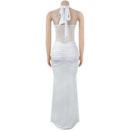 Sheer Mesh Halter Tie-Back Bodycon Dress | Tajstylo