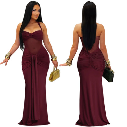 Sheer Mesh Halter Tie-Back Bodycon Dress | Tajstylo