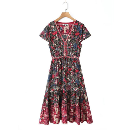 A-Line V-Neck Printed Midi Dress | Tajstylo