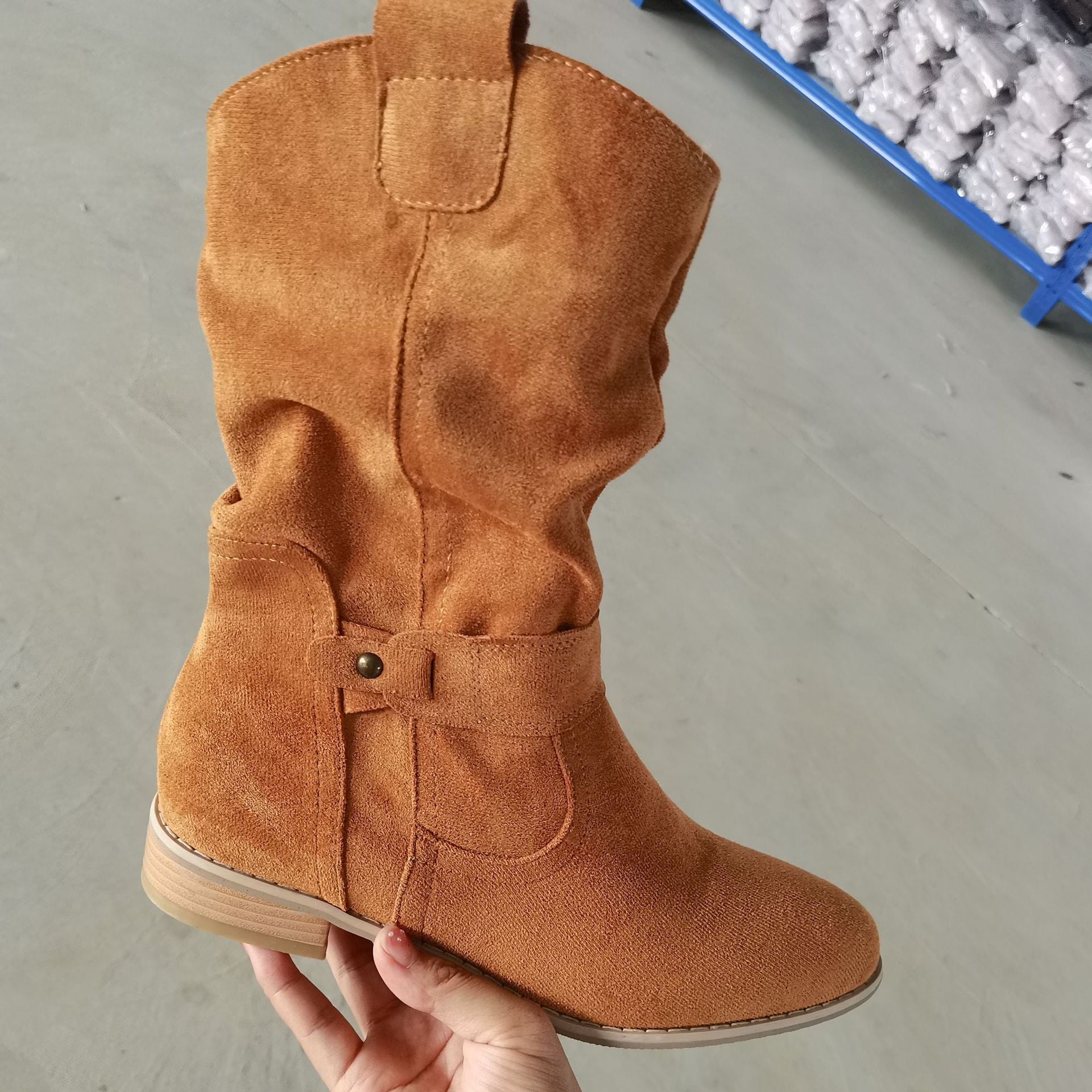 Women's Suede Pleated Square Low-Heel Side-Zip Low-Cut Ankle Boots – Full Look | TajStylo