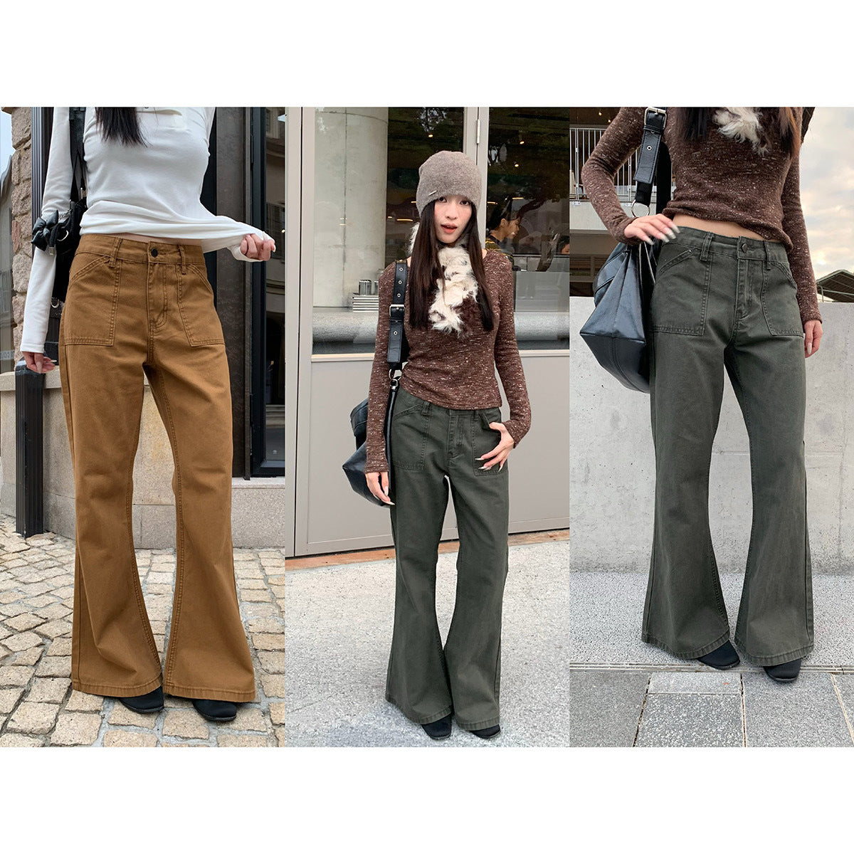 Woman wearing Distressed Flared Jeans with Pockets in a casual setting