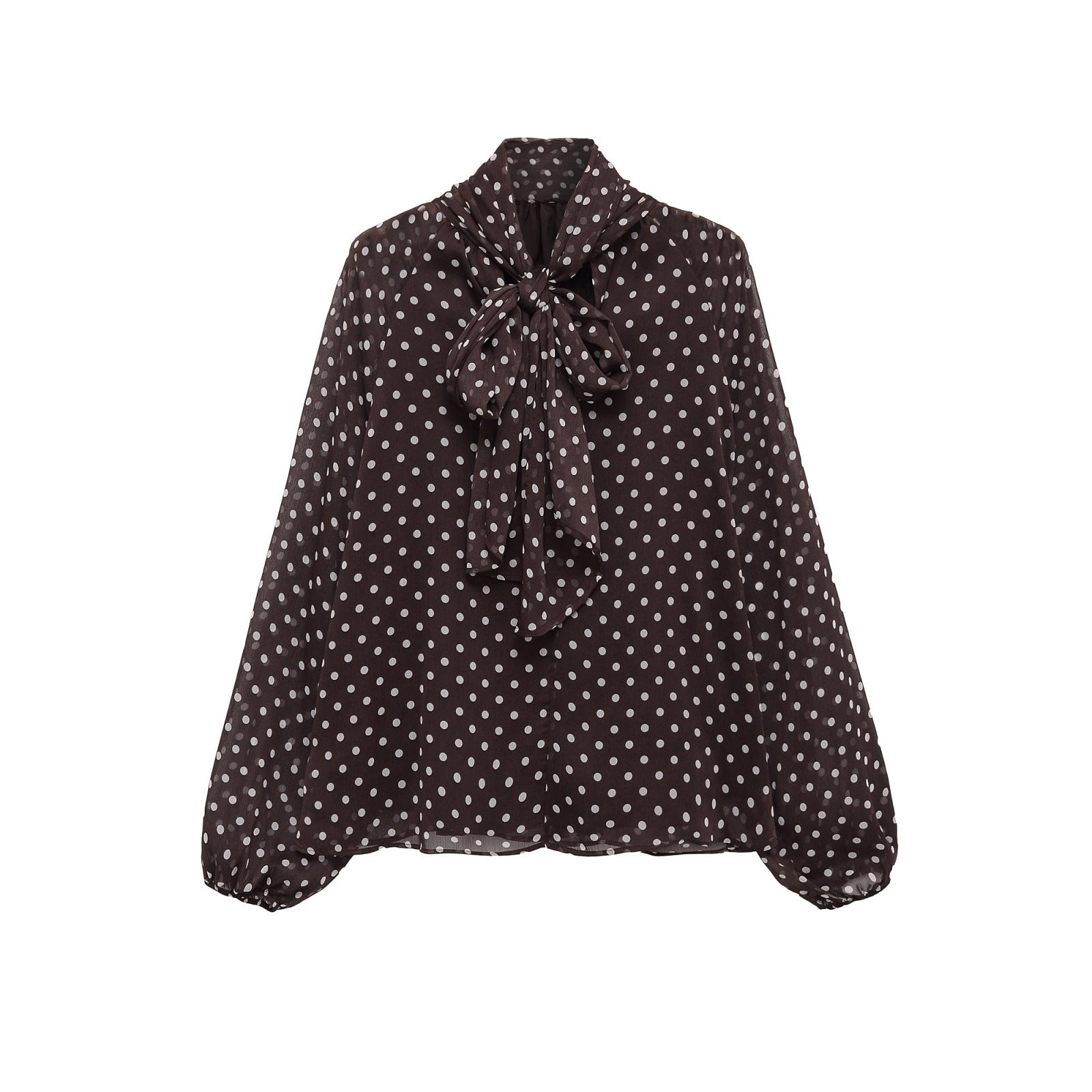 Woman wearing Bow Knot Polka Dot Long Sleeve Shirt in a casual setting