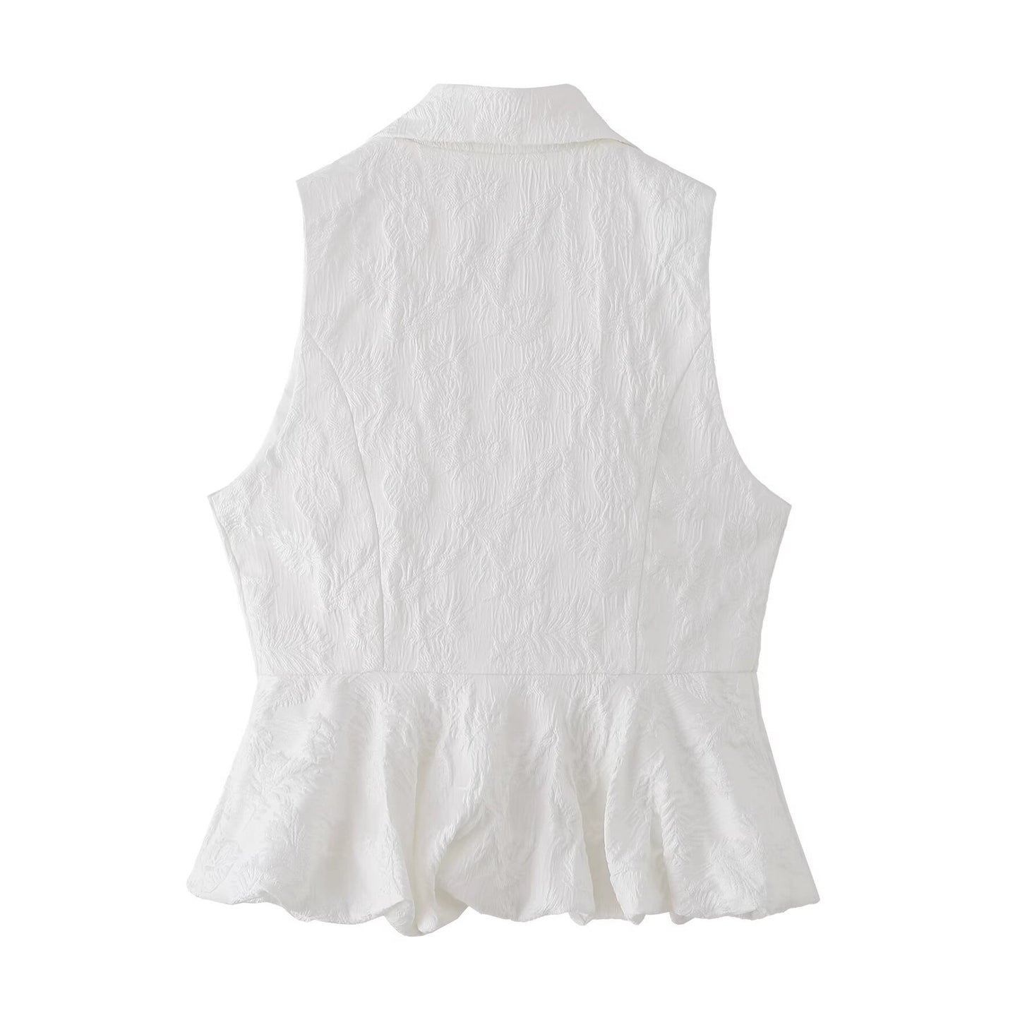 Woman wearing Jacquard Polyester Sleeveless V Neck Top in a sunny outdoor setting