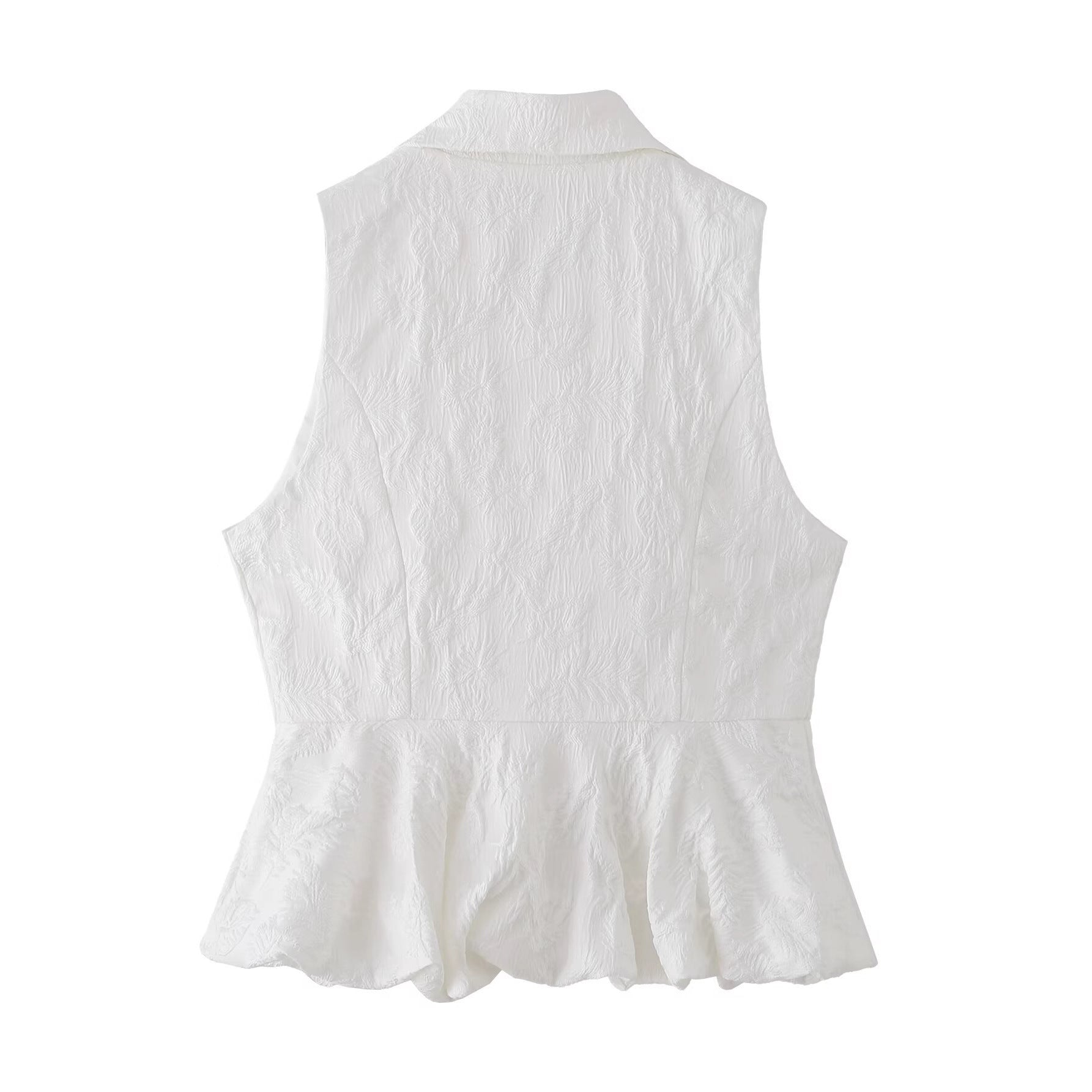 Woman wearing Jacquard Polyester Sleeveless V Neck Top in a sunny outdoor setting