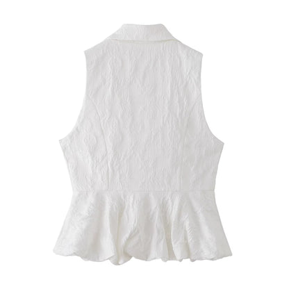 Woman wearing Jacquard Polyester Sleeveless V Neck Top in a sunny outdoor setting