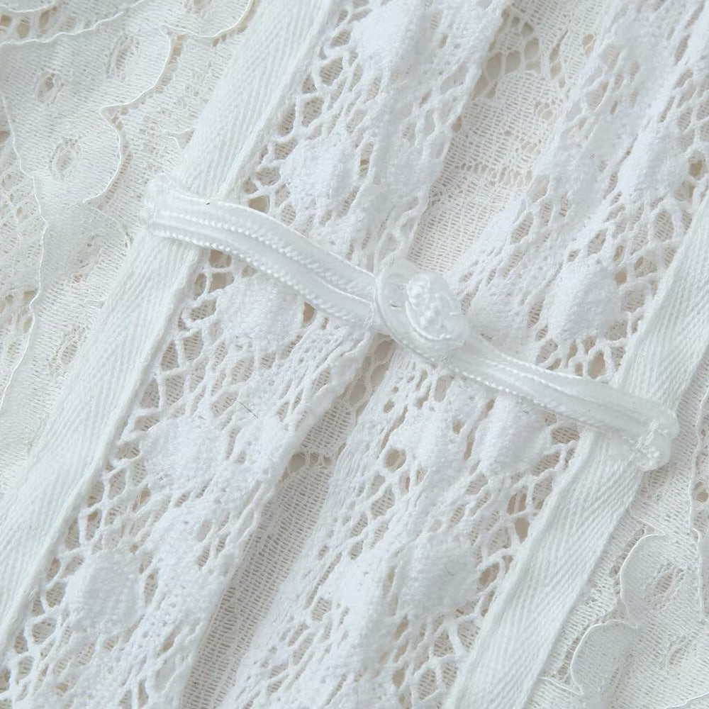 Buckle Embellished Lace Crochet Stand Collar Slim Fit Shirt | Tajstylo