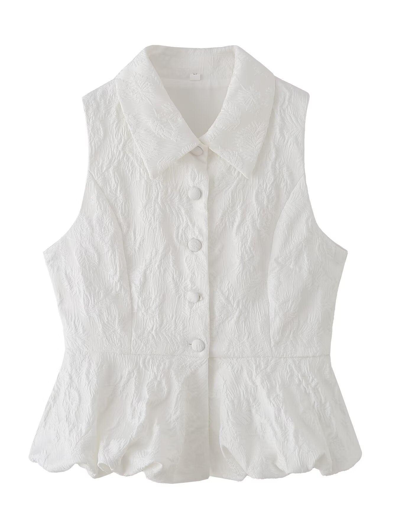 Woman wearing Jacquard Polyester Sleeveless V Neck Top in a sunny outdoor setting